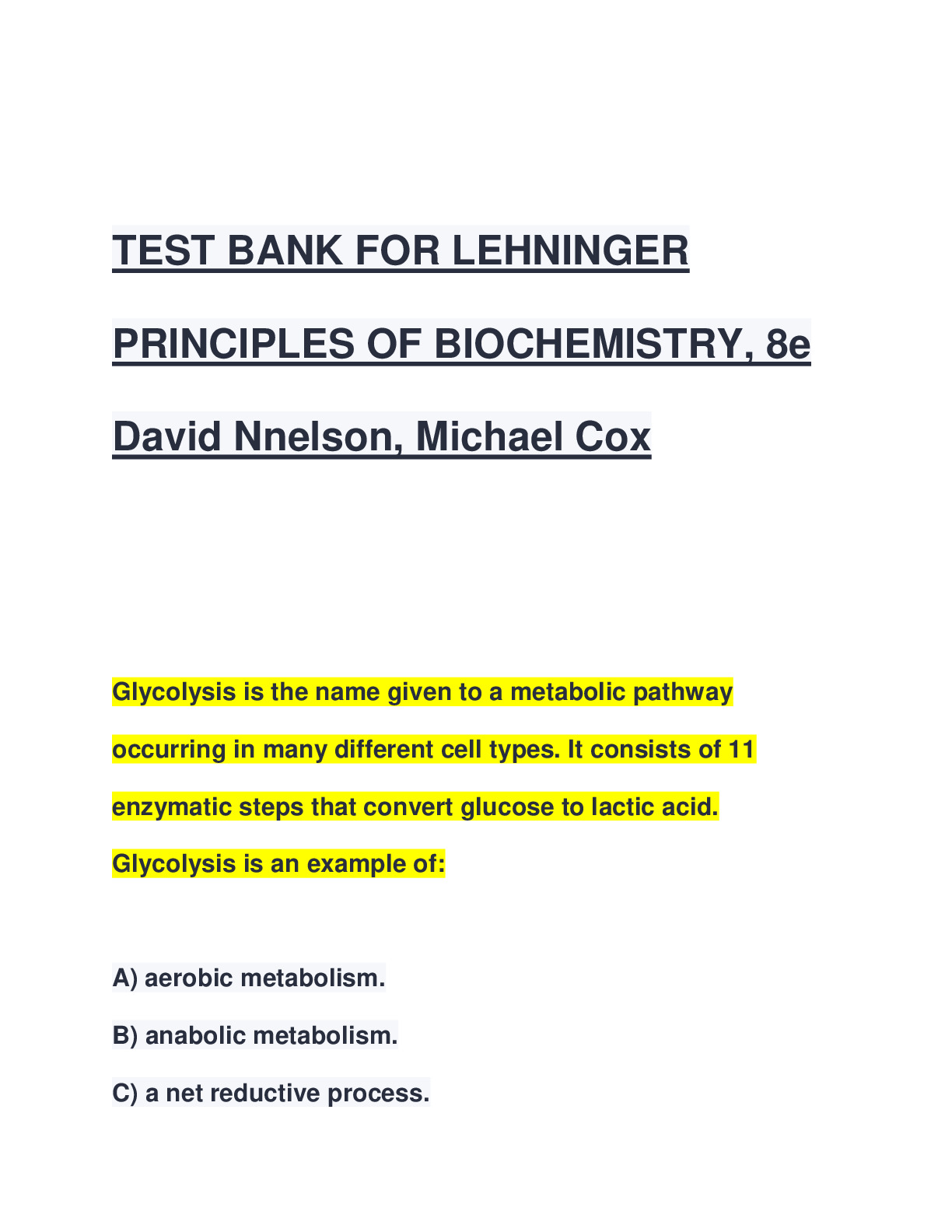 Solution Test Bank Lehninger Principles Of Biochemistry 7th Edition