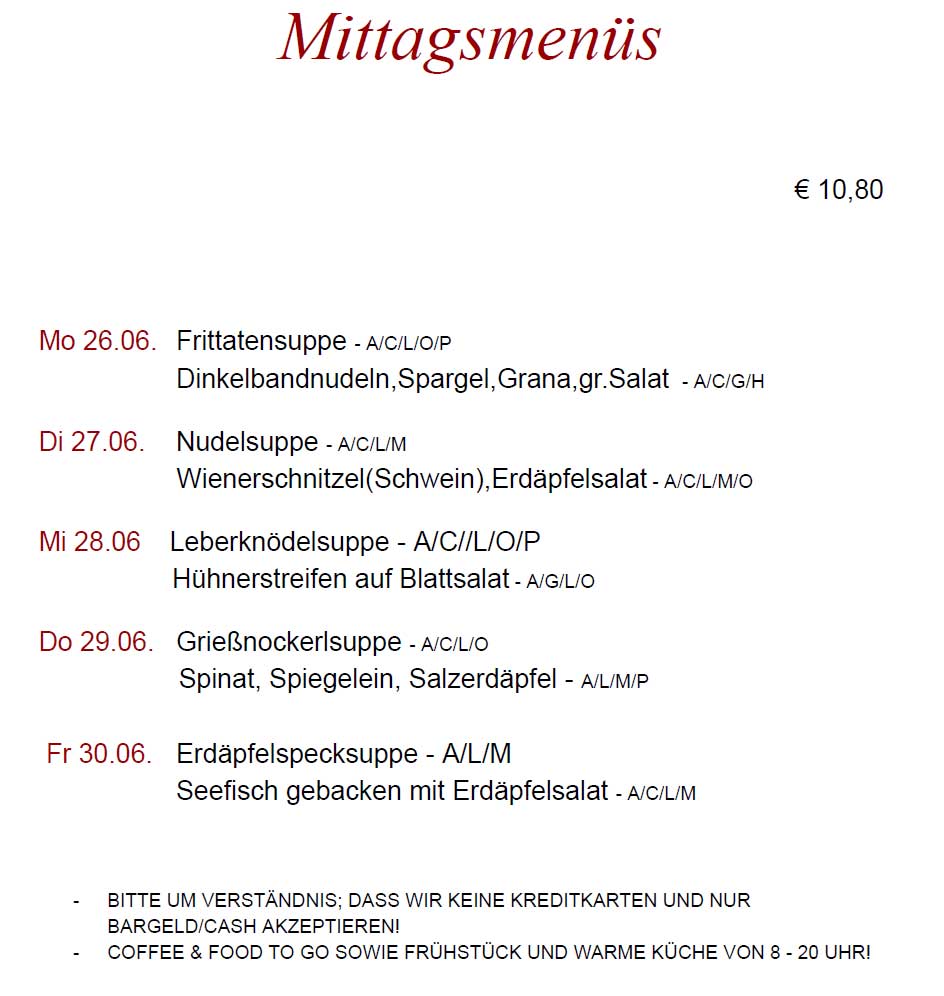 Aktuelles Wochenmenue Cafe Ministerium