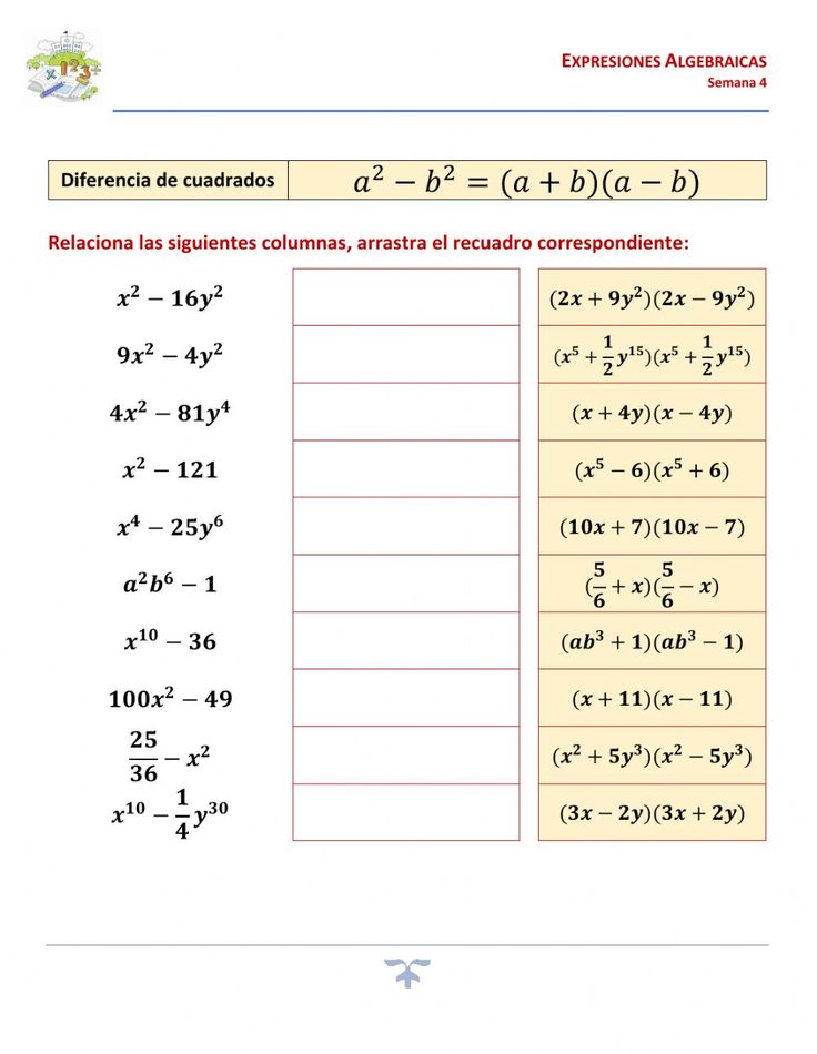 Diferencia De Cuadrados Ficha Interactiva Topworksheets
