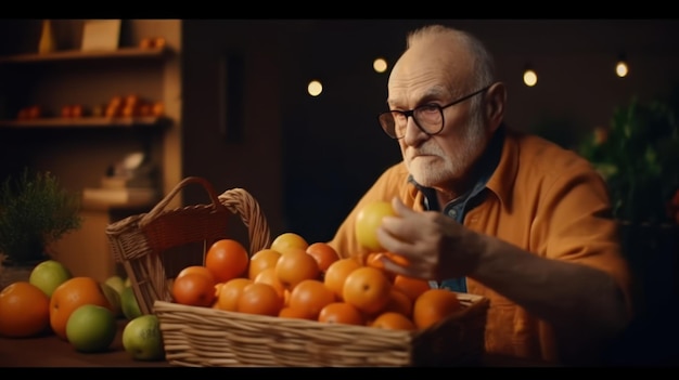 Midsection Of Man Standing Near Oranges Stall With Vegetable Basket In