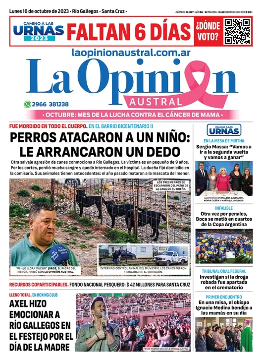 Tapa Del Diario La Opinion Austral Edicion Impresa Del Lunes 3 De