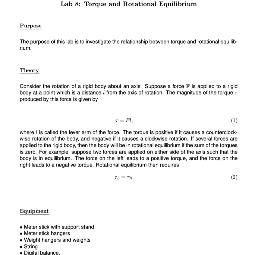 Solved Experiment 2 Rotational Equilibrium Torque When Chegg Com