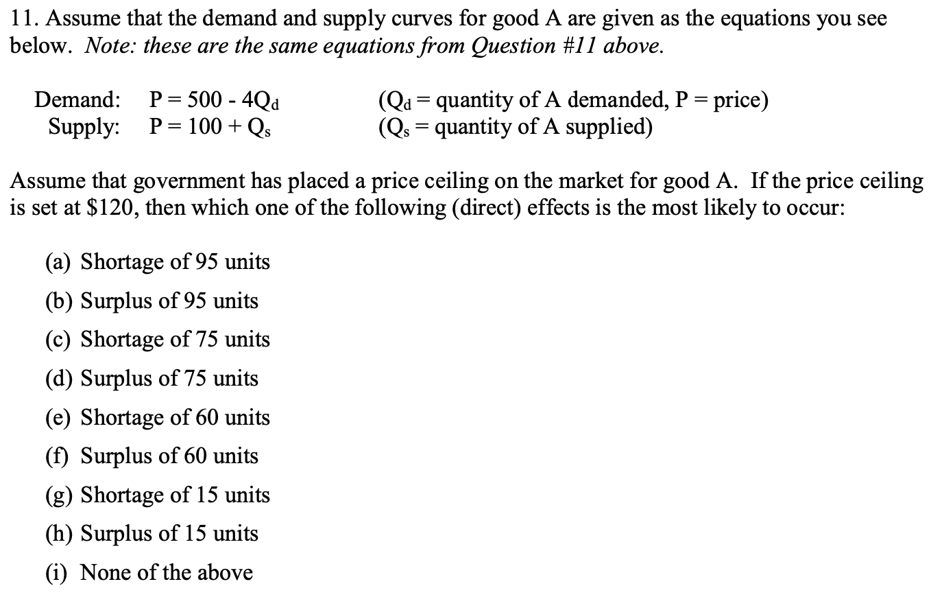 Solved 11 Assume That The Demand And Supply Curves For Good Chegg Com