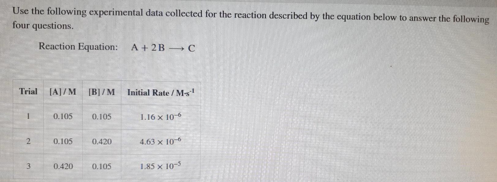 Solved Use The Following Experimental Data Collected For The Chegg Com