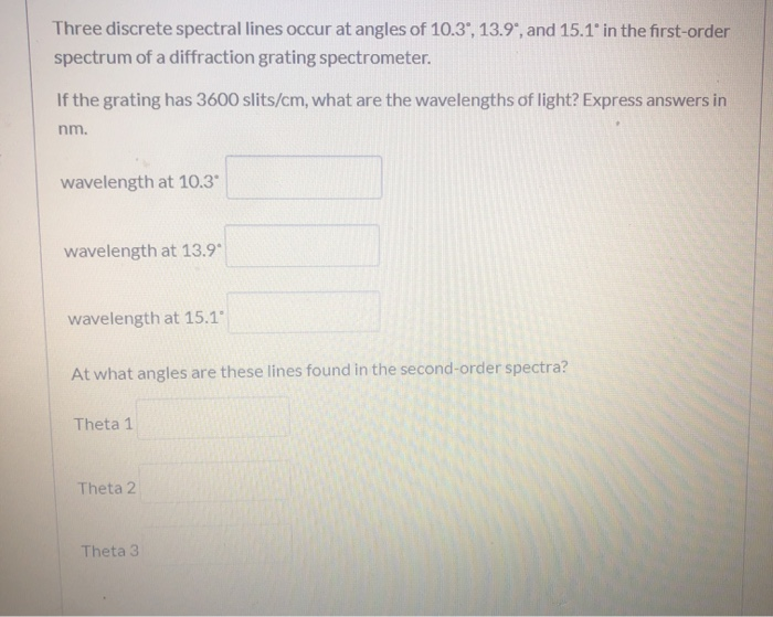 Solved Texts Three Discrete Spectral Lines Occur At Angles Of 10 2