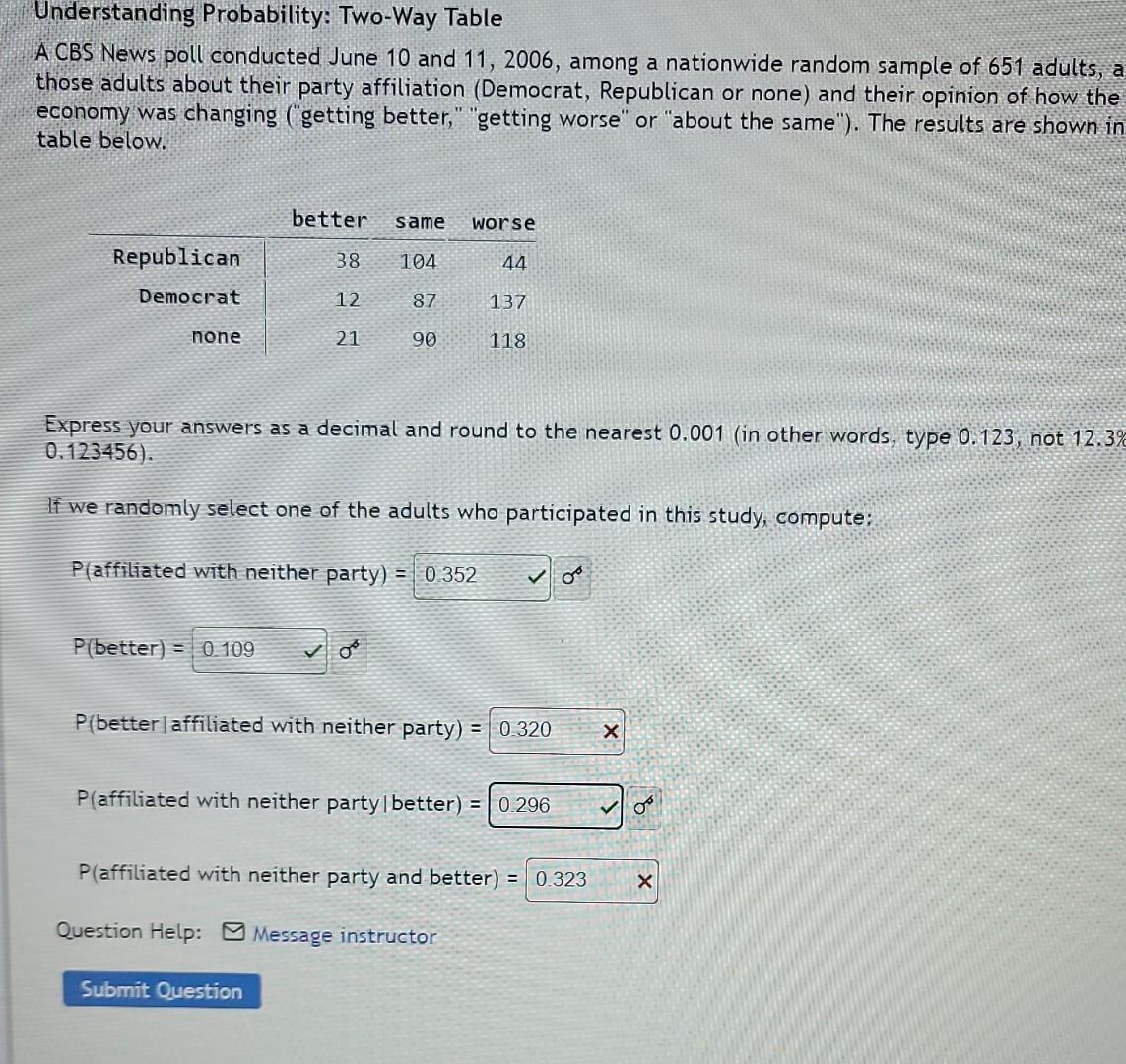 Solved Understanding Probability Two Way Table Three Chegg Com