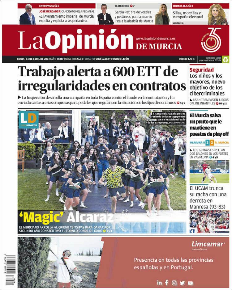 Portada Del Diario La Opinion De Murcia Del Dia 20 03 2022 News Europa