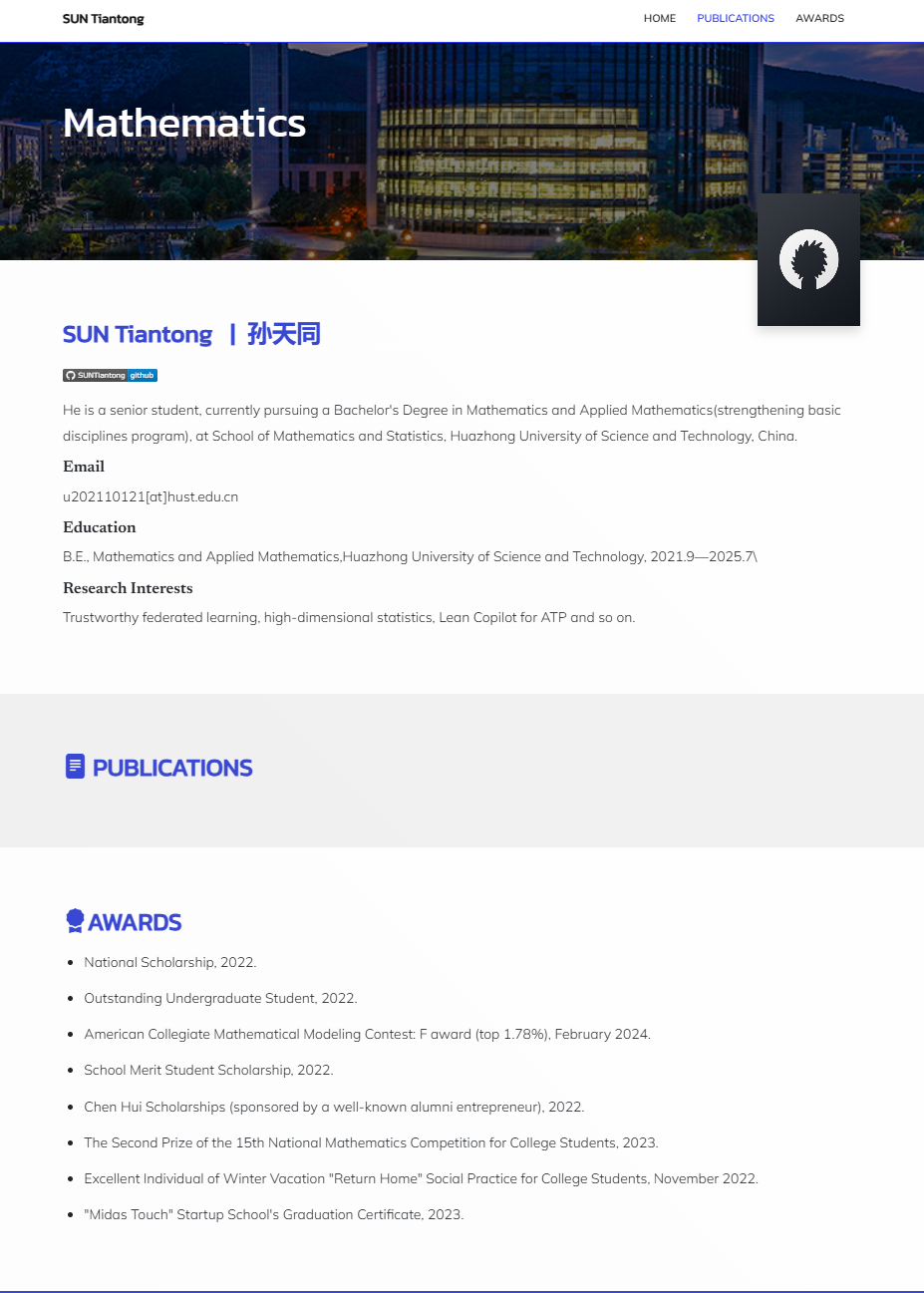 GitHub - SUNTiantong/SunTiantong.github.io: Personal website for SUNTiantong