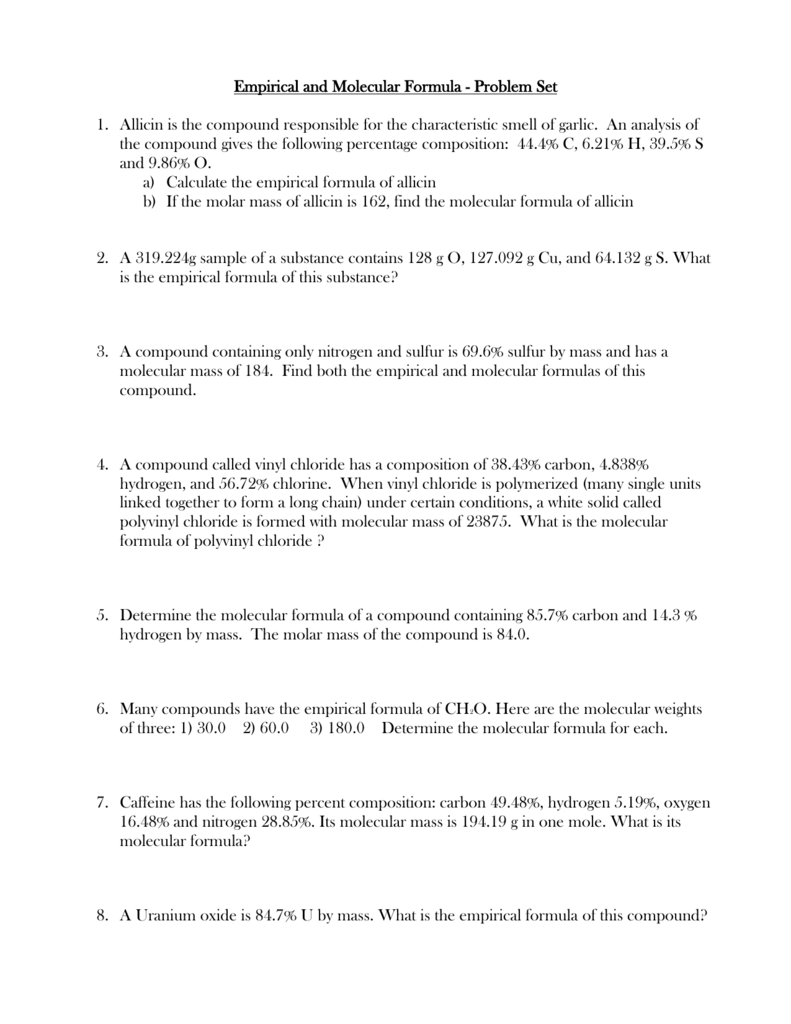 Empirical Molecular Formulas Worksheet
