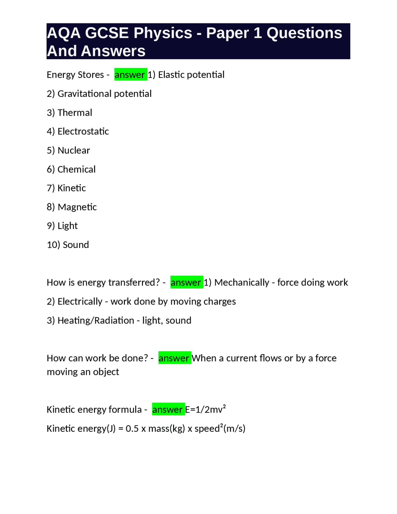 Aqa Gcse Physics 1 Final Exam Revision Questions And Answers 2023 Aqa