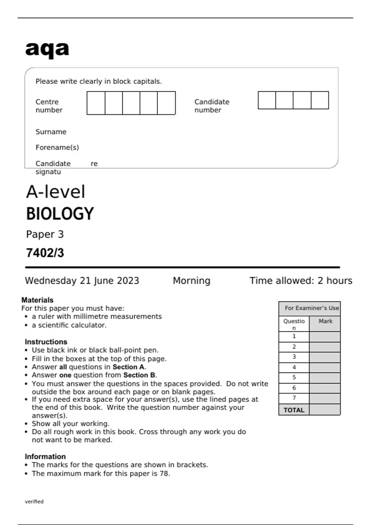 Aqa Biology 2023 A Level Question Papers
