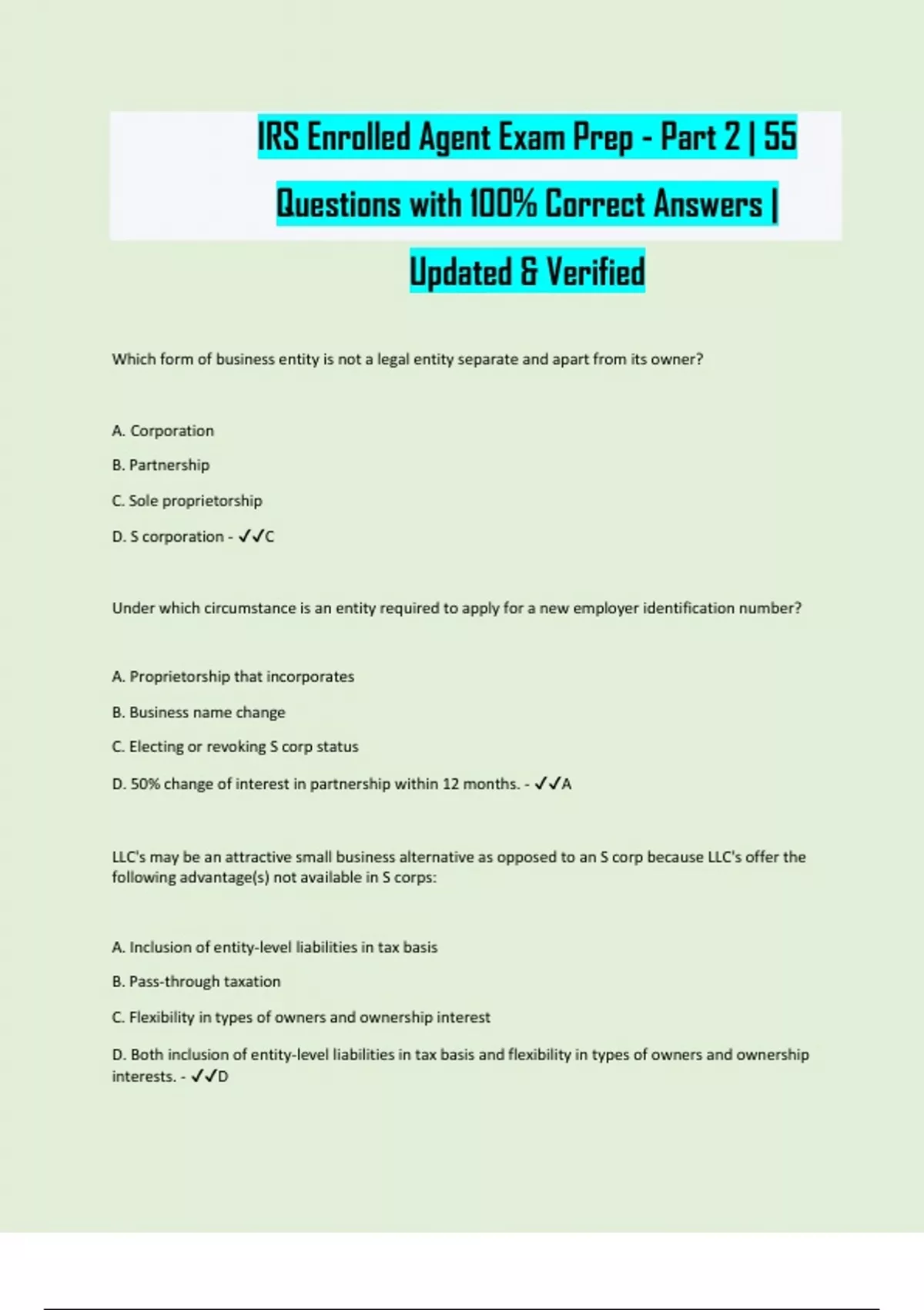 Enrolled Agent Exam Prep Part 2 Questions And Answers 2025 Enrolled